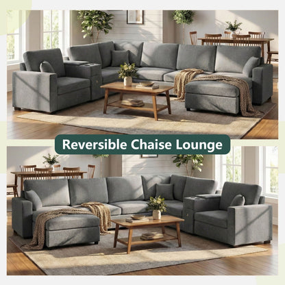Modular 5 Seat U-Shape Sectional Sofa With Chaise Lounge, Built In Cup Holders And Storage Drawer