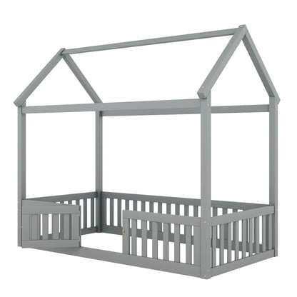 Wood House Bed With Fence And Door