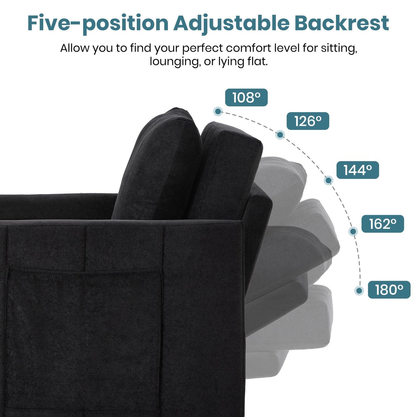 Upholstered Convertible Sleeper Sofa With 5 Position Backrest, Side Pockets, Storage