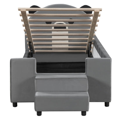 Upholstered Daybed With Bear Shaped Headboard, Hydraulic System And Breathable Fence