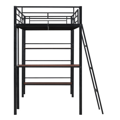 Loft Metal Bed With 3 Layers Of Shelves And Desk, Stylish Metal Frame Bed With board