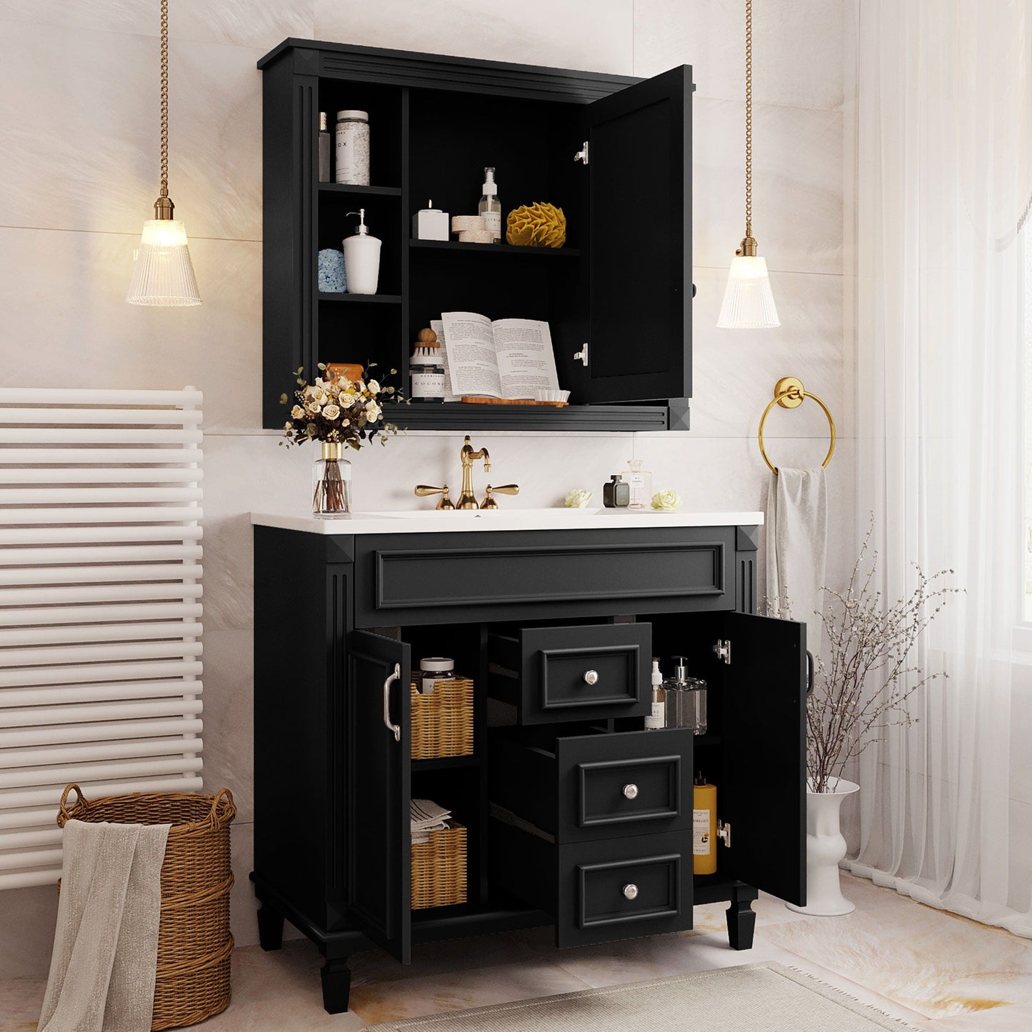 Bathroom Vanity With Top Sink, Mirror Cabinet, 2 Soft Closing Doors & 2 Drawers