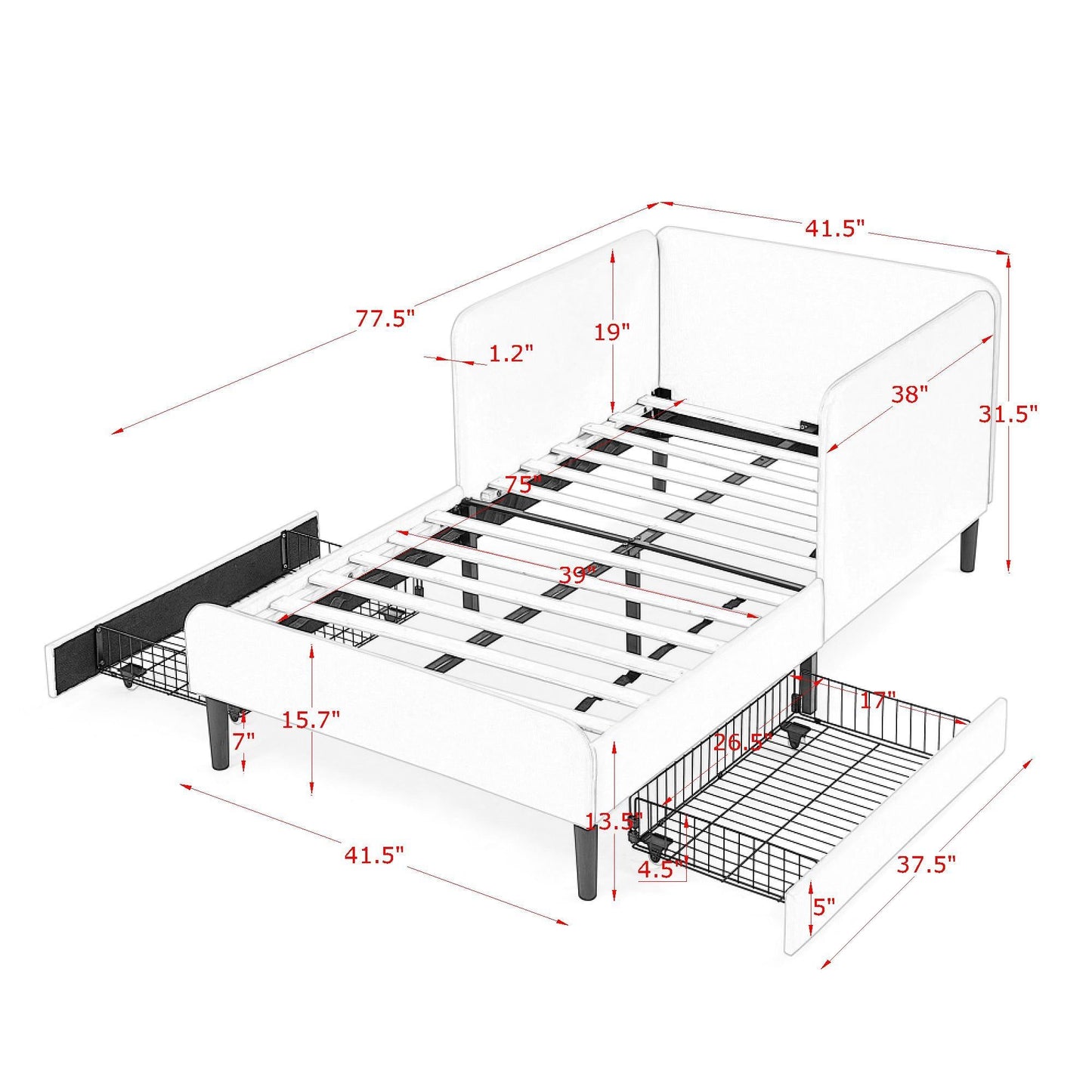 Upholstered Platform Bed Frame With 2 Storage Drawers And Adjustable Sofa Bed