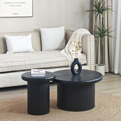 Fluted Cylinder Side Tables, Round End Tables For Living Room (Set of 2) - Black