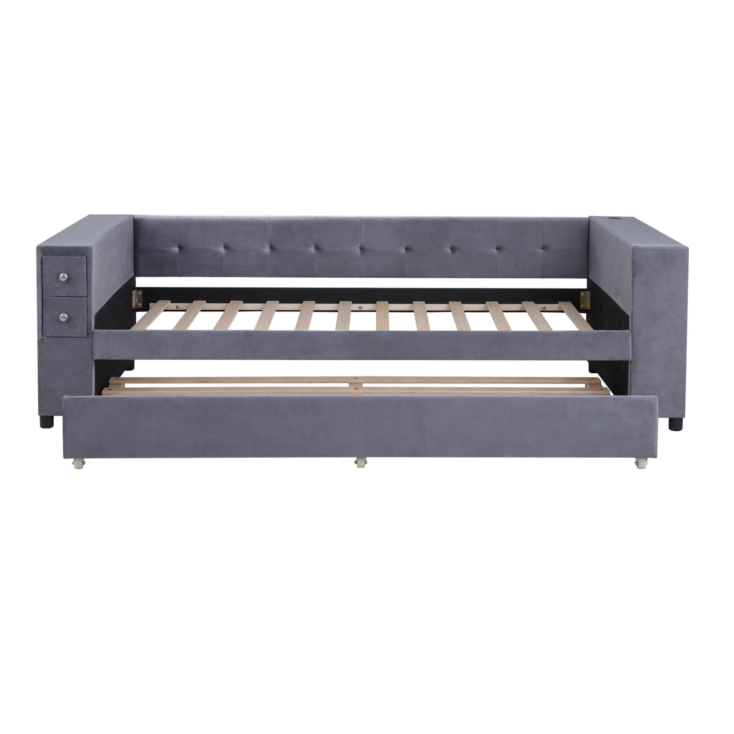 Upholstered Bed With Storage And Twin Trundle, USB Charging Ports