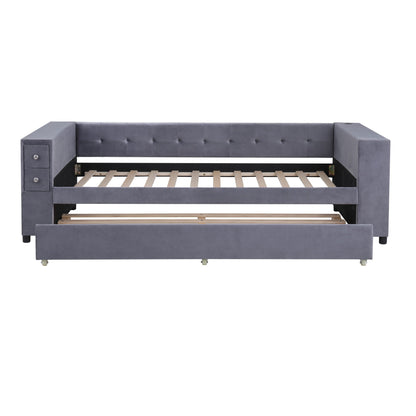 Upholstered Bed With Storage And Twin Trundle, USB Charging Ports