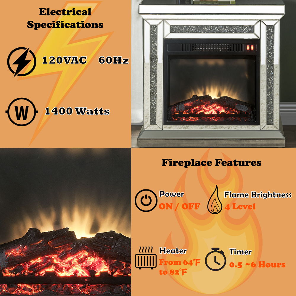 Noralie - 29" Fireplace - Mirrored & Faux Diamonds