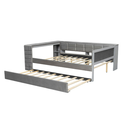 Upholstered Platform Bed With Storage Shelves, Desk, Charging Station And Trundle