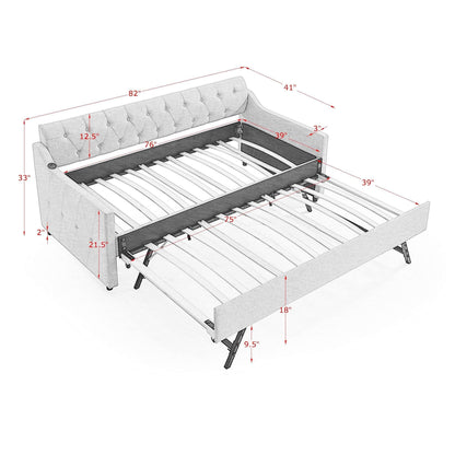 Size Upholstered Daybed With Trundle And USB Charging Armrest