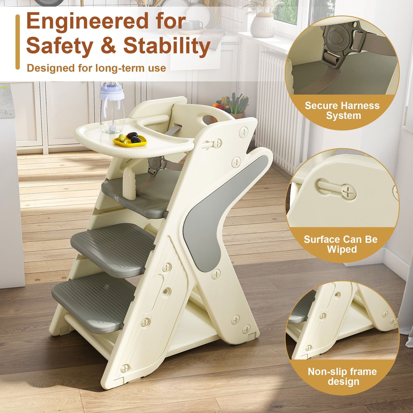 Multifunctional Growing Up Dining Chair With Adjustable Height And 5 Point Seat Belts