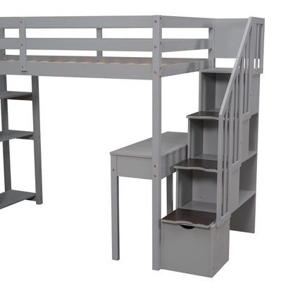 Loft Bed With Storage Drawers, Desk And Stairs With Shelves