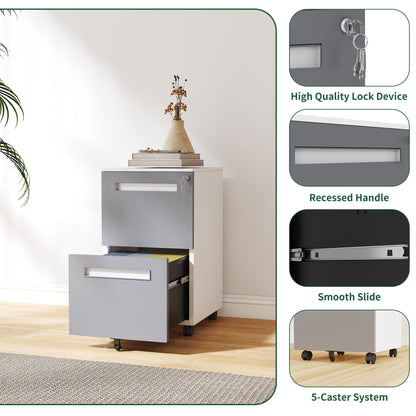 2-Drawer Mobile File Cabinet With Lock,On 360° Wheels, Holds A4/Letter/Legal Files - White