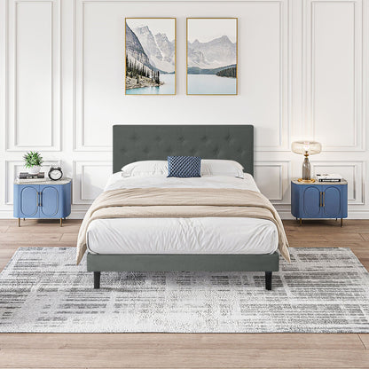 Modern Upholstered Platform Bed Frame With Button Tufted Fabric Headboard