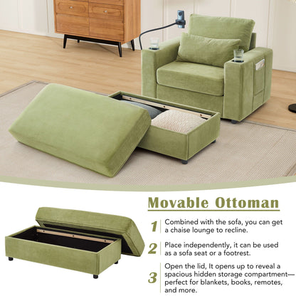 Modern Style Armchair Chaise Lounge Sofa Couch With Movable Storage Ottoman, USB Ports, Cup Holders, Phone Holder, Side Pockets