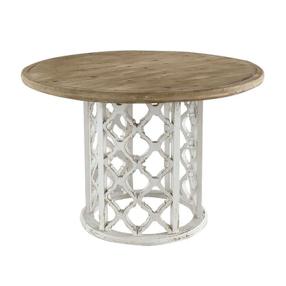 Round Wooden Dining Table With Ornate Cut Out Base - Brown / Antique White