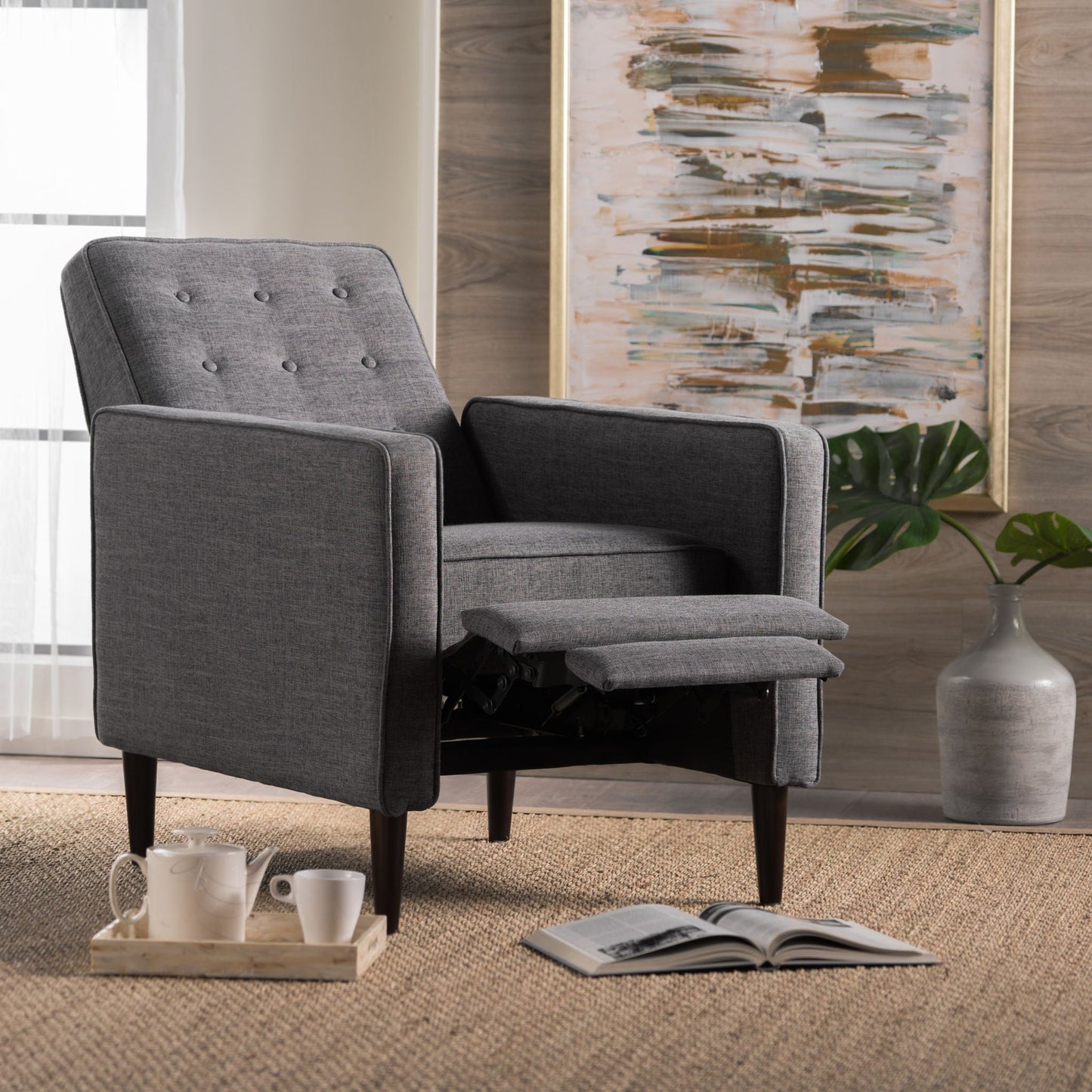 Mid-Century Modern Recliner With Button Tufted Waffle Stitch