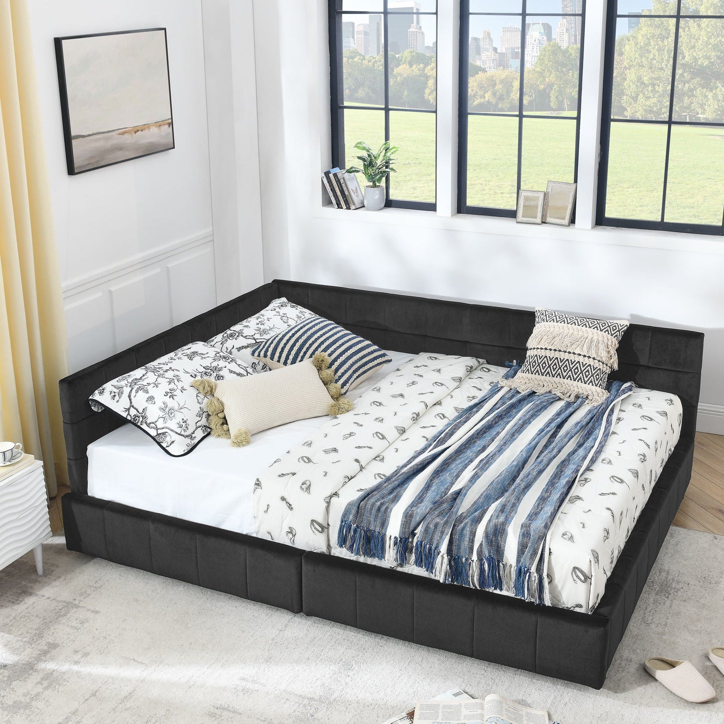 Mid-Century Storage Upholstered Tufted Bed Frame With Backrest And Armrests
