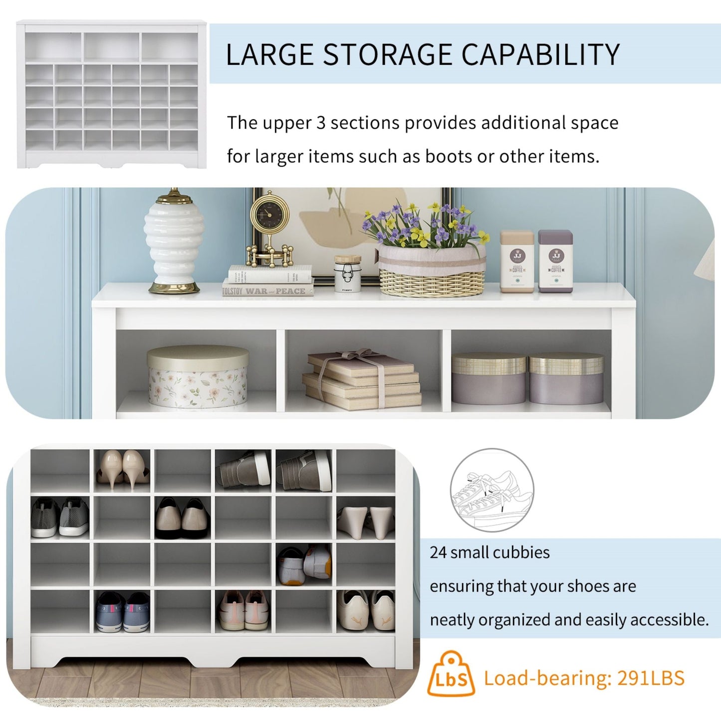 24 Shoe Cubby Console, Shoe Cabinet - White