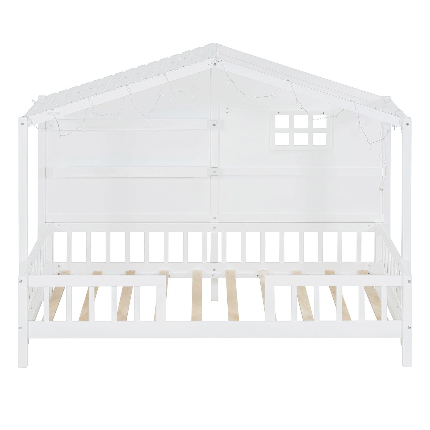 House Bed With Shelves, Window And Sparkling Light Strip On The Roof