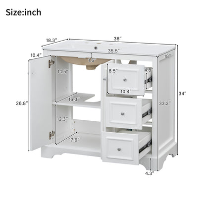 Bathroom Vanity With Sink, Soft-Close Doors, Adjustable U-Shelf, 3 Drawers