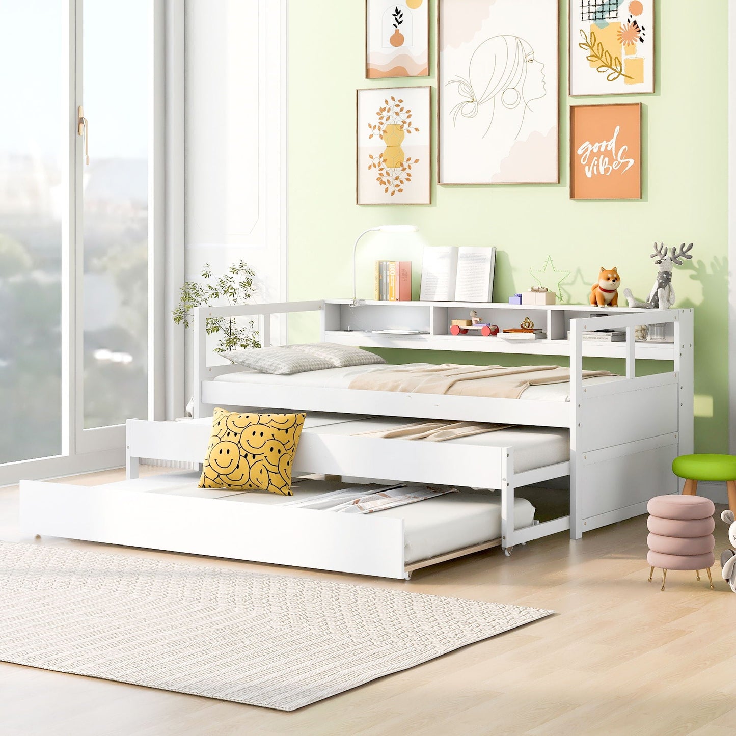 Daybed With 2 Trundles, 3 Storage Cubbies, Built In USB Charging Light