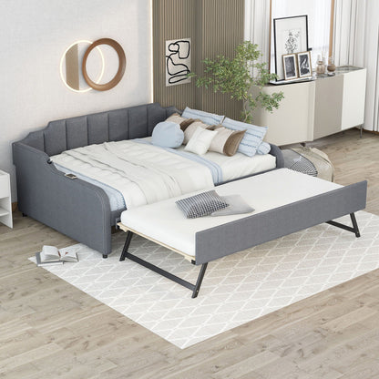 Full Size Upholstered Daybed With Trundle And USB Charging - Gray