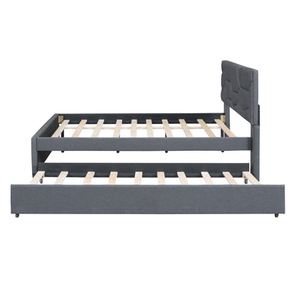 Upholstered Platform Bed With Brick Pattern Headboard And Twin Long Size Trundle