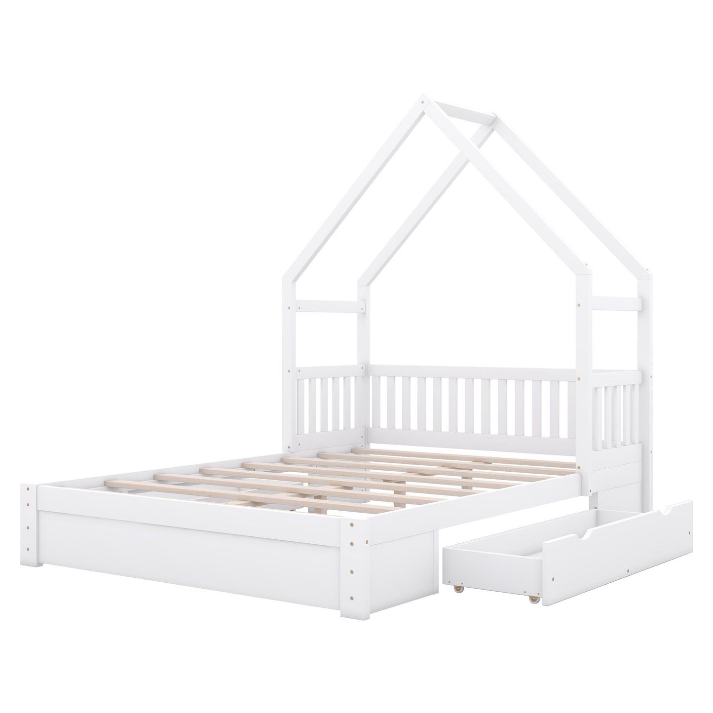 House Style Platform Bed With Guardrail And 2 Drawers