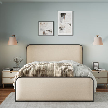 Modern Bed With Curved Upholstered Headboard And Footboard, Heavy Duty Metal Slats
