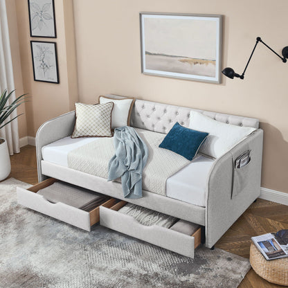 Daybed With Trundle And Storage Drawers, Flat Arms With Pocket