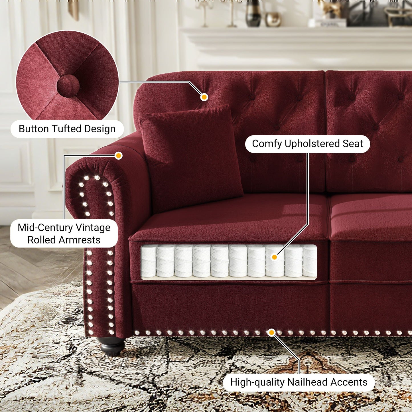 Upholstered Chesterfield Sofa With Nailhead Trim And Rolled Armrests
