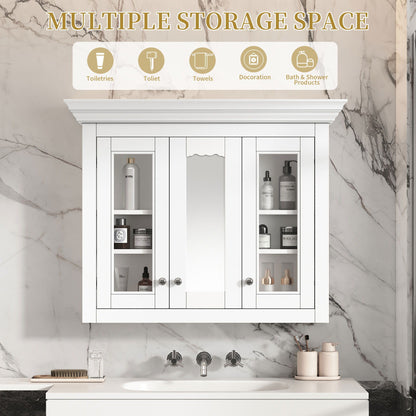 Bathroom Medicine Cabinet With Mirror, 5 Adjustable Closed Shelves, Wall-Mounted - White