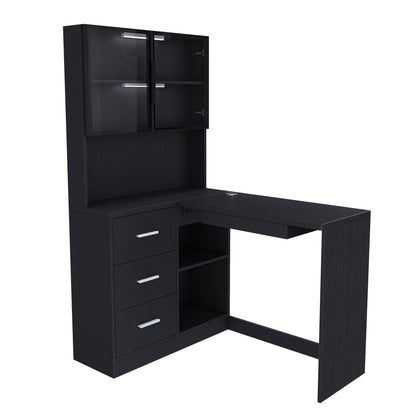 L-Shaped Computer Desk With Glass Cabinets, Built In LED Lights, USB Charging Ports