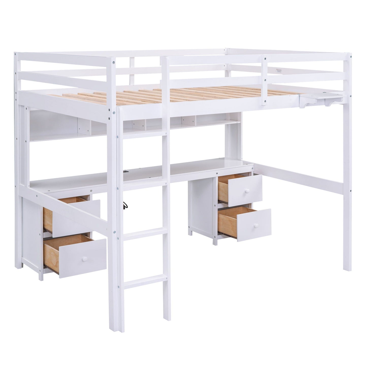 Full Size Loft Bed With Desk, Cabinets, Drawers, Charging Station And Bedside Tray, Sturdy Frame, No Box Spring Required - White