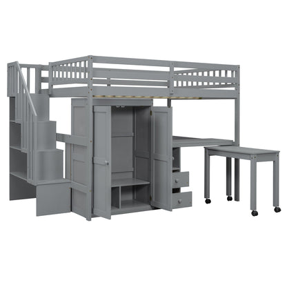 Loft Bed With Stairs, Bookshelf, Drawers, Desk & Wardrobe, Space Saving Multifunctional Furniture