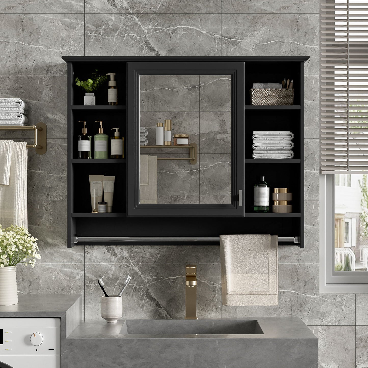 Modern Wall Mounted Mirror Cabinet With Adjustable Shelf, Soft Close Door, And Towel Bar