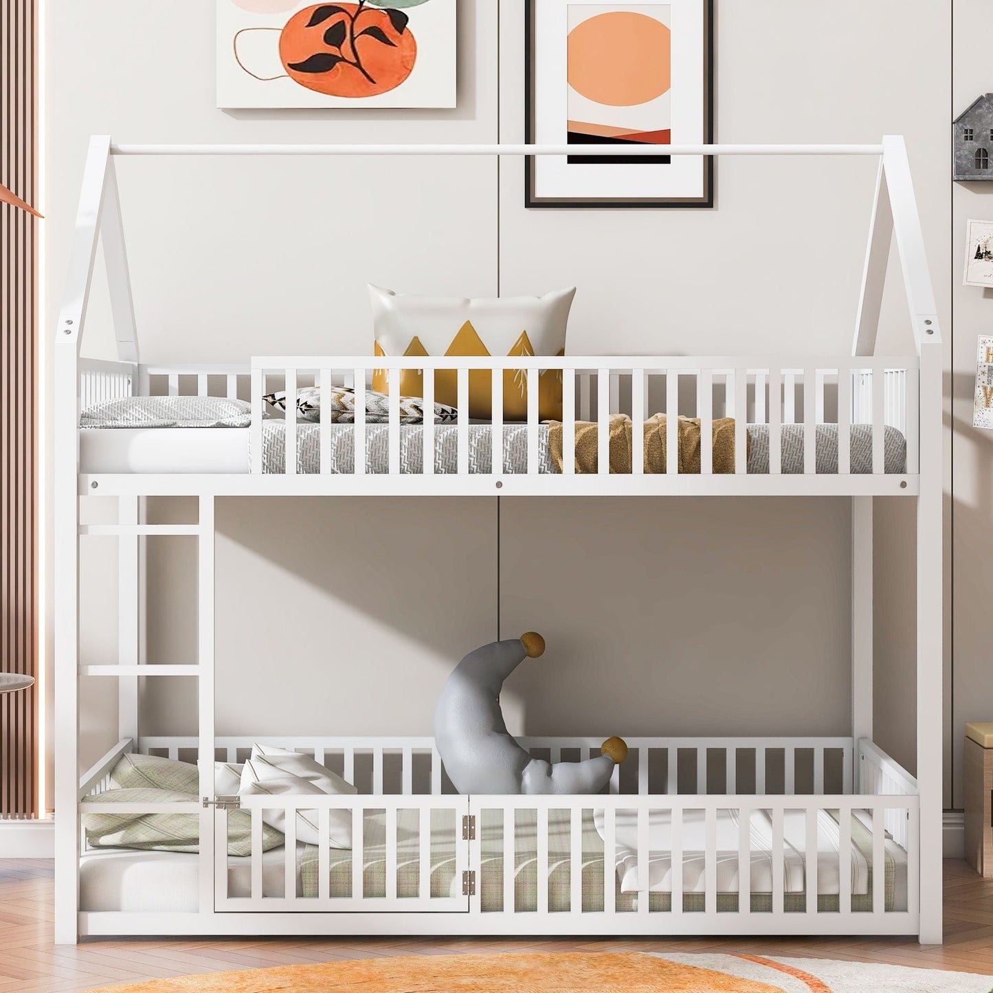 Metal House Bunk Bed With Fence And Door