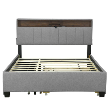 Upholstered Platform Bed With Storage Headboard, Trundle & 2 Drawers And A Set Of Sockets & USB Ports