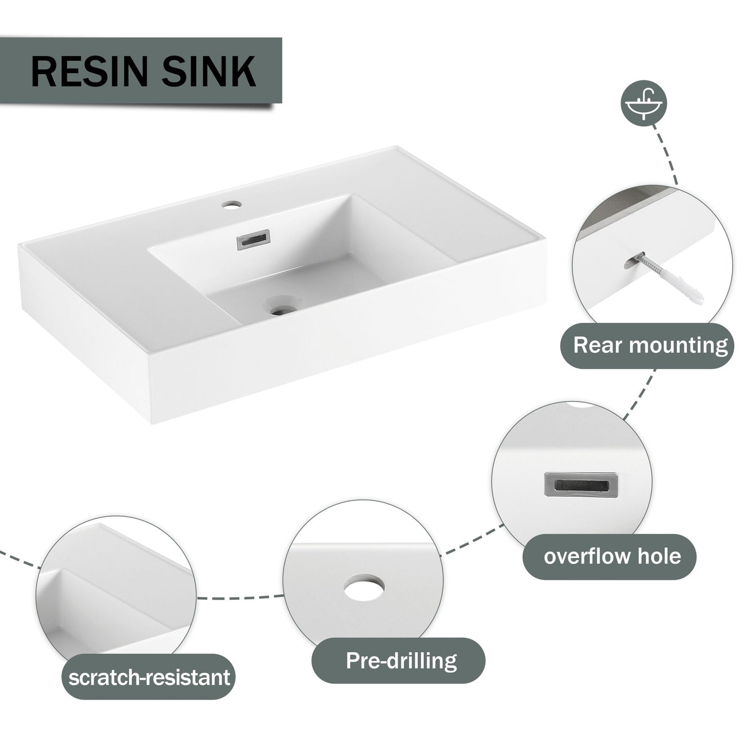 Modern Wall Mounted Bathroom Vanity With Resin Sink And 2 Side Cabinet, Imitative, Construction - Imitative Oak