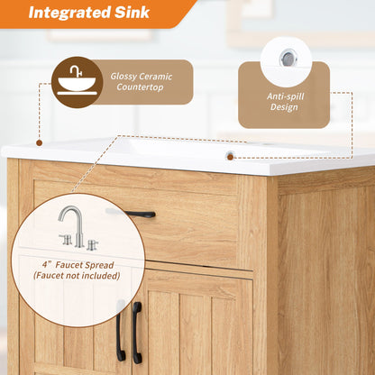 Bathroom Vanity With Sink, Adjustable Shelf & Door Organizers - Walnut