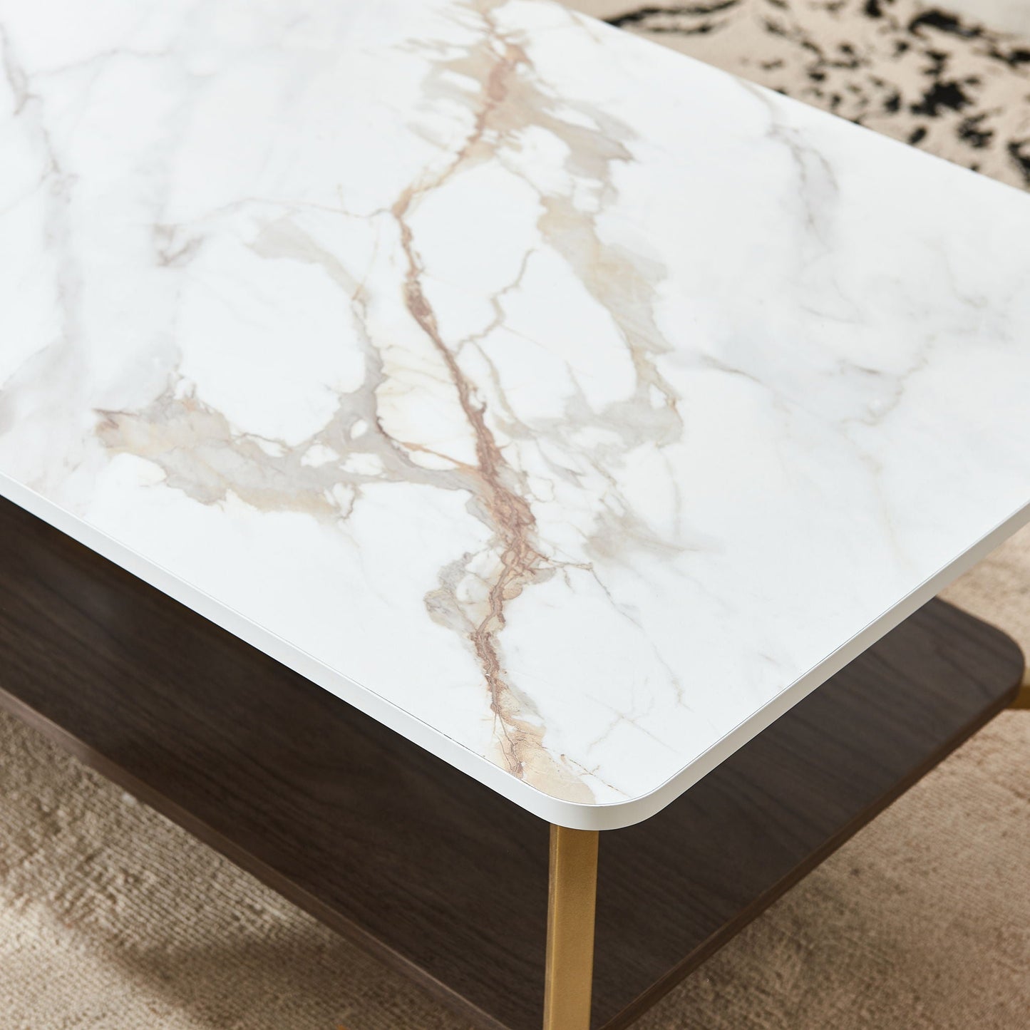 Coffee Table Rectangular Center Table For Living Room Open Space Side Table With Metal Frame - Golden / White