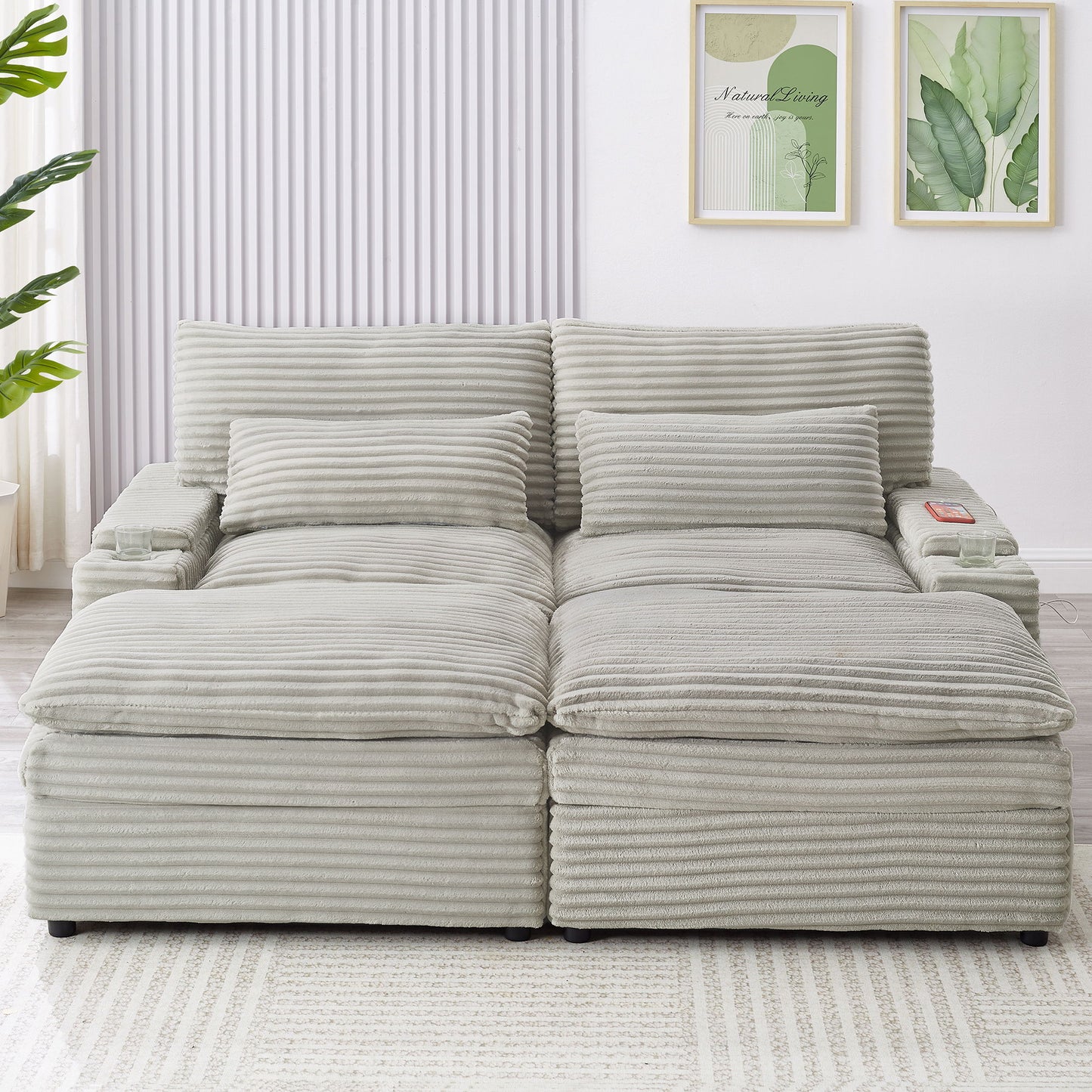 Convertible Loveseat Sofa With Storage, USB Ports, Cup Holders