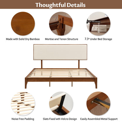 King Size Solid Dry Bamboo Wood 12" Platform Bed With Adjustable Bamboo Headboard - Brown