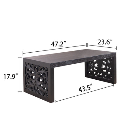 Rustic Carved Wood Coffee Table, Handcrafted Look With Ornate Side Panels