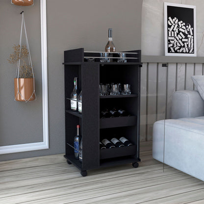 Bar Cart With Glass Door, 2 Side Shelves And Casters - Black