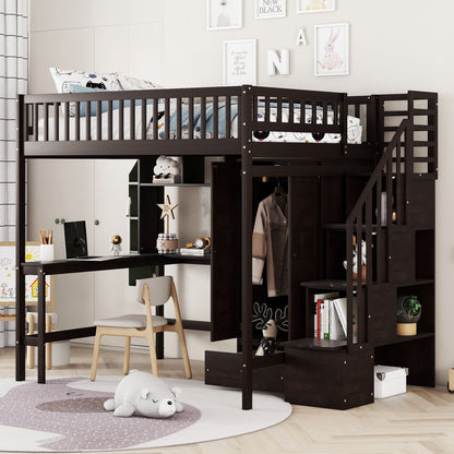 Loft Bed With Bookshelf, Drawers, Desk, And Wardrobe
