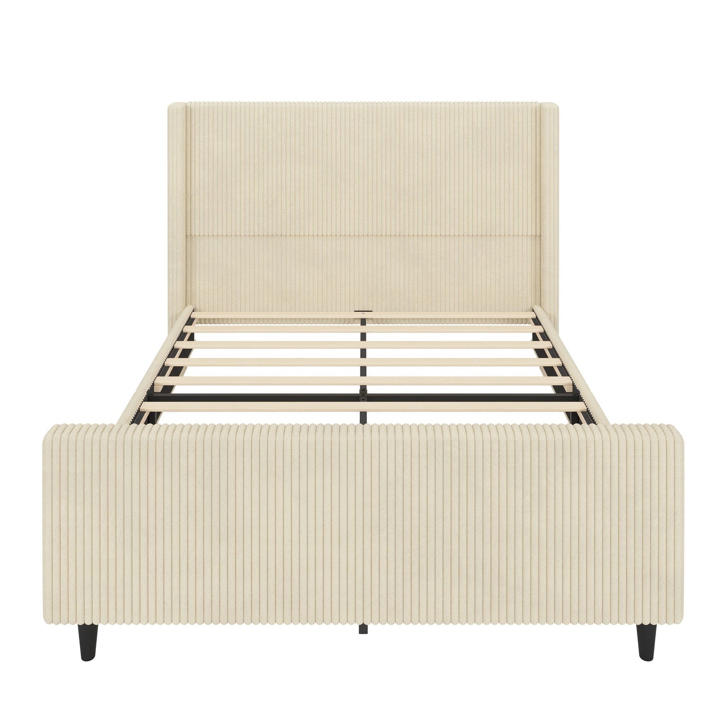 Upholstered Bed Frame With Vertical Stripe Wingback And High Footboard