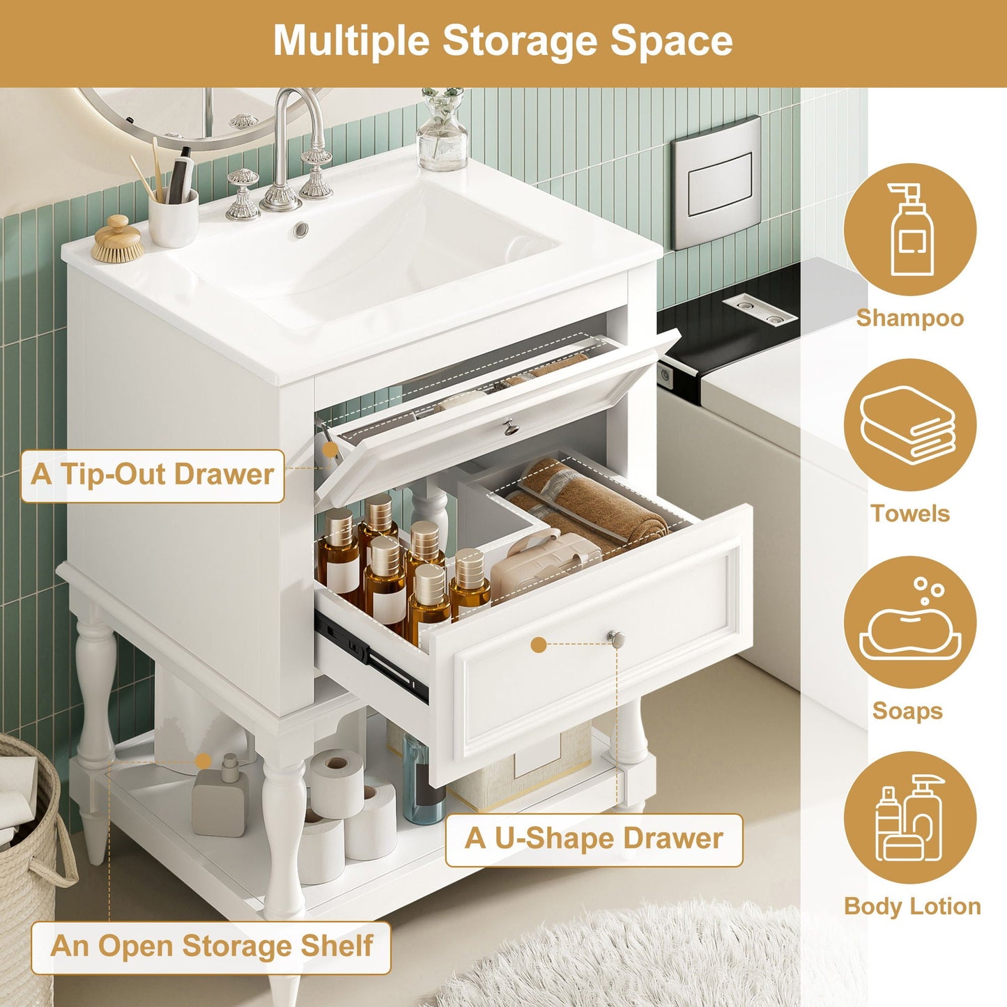 Bathroom Vanity With Sink, 2 Drawers Storage Cabinet, Open Shelf