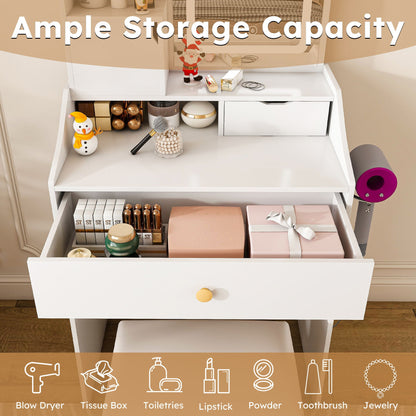 LED Vanity Mirror With Stool, 2 Drawers & 5 Storage Cabinets, Adjustable Lighting Mdf Dressing Table For Bedroom - White
