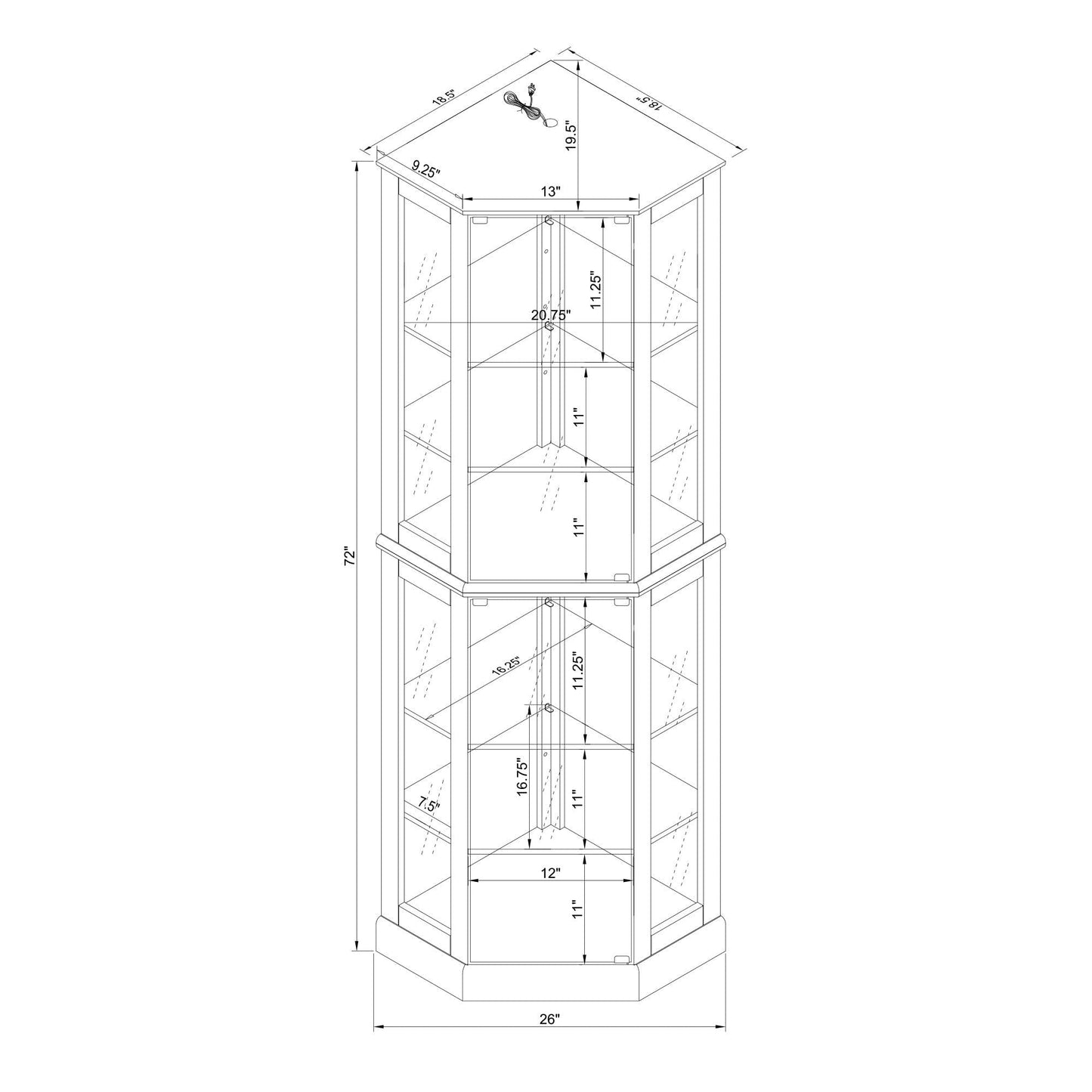6 Shelf Corner Curio Display Cabinet With Lights, Mirrors And Adjustable Shelves (E26 Light Bulb Not Included)